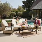 4 Piece Patio Furniture Set, All-Weather Wicker Outdoor Conversation Set with 4.72" Olefin Thick Cushions – 3-Seat Sofa, 2 Armchairs & Coffee Table for Deck, Porch, Balcony, Backyard, Beige