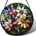 Stained Glass Window Hanging - Colorful Daisies Suncatcher for Door Garden Patio Retro Flower Sun Catchers Decor Christmas Mother's Day Birthday Gifts for Women Mom Nana Aunt Friend 11.8 in