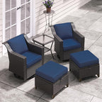 5 Pieces Patio Conversation Furniture Set - Swivel Chairs with Ottomans Set of 2, 1 Side Table, Outdoor Wicker Furniture Set with Washable Cushions for Porch, Balcony, Sunroom (Navy Blue)