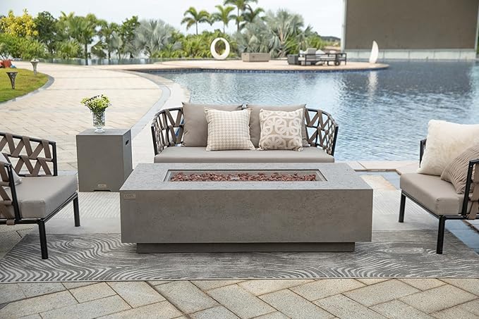 AMS Creations | Madison 60" Bundle Rectangular Natural Gas Outdoor Fire Pit Table | Light Gray Concrete GFRC | Limestone Texture or Surface | Electronic Ignition | Outside Backyard Fireplace