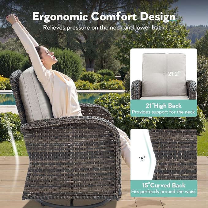 7 Piece Patio Furniture Set with Fire Pit Table - Wicker Patio Conversation Set with Swivel Glider, 3 Seat Sofa, Side Table and 2 Ottomans for Deck Backyard - Brown Wicker Beige Cushion