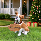English Bulldog Outdoor Dog Statue with Flip-Over “Welcome/ON Patrol” Plaque and Solar Path Lantern, Brown & White Sitting Puppy for Porch & Lawn