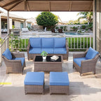 6 Pieces Outdoor Patio Furniture-High Back Rattan Wicker Couch with Outdoor Chairs Patio Conversation Sets for Porch Garden Backyard Poolside-Brown/Blue