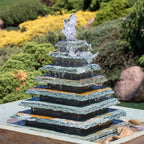 Sunnydaze 40-Inch Slate Outdoor Water Fountain - Layered Pyramid Outdoor Water Feature with LED Lights for Patio, Deck, Garden