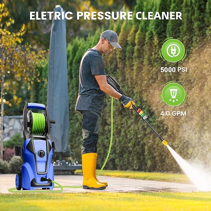 Pressure Cleaner Adjustable 5000PSI 4.0 GPM High Power Cleaners with 33ft Hose Reel, 4 Nozzle and Foam Cannon, Power Cleaners Machine for Home, Cars, Patio (Light Blue)