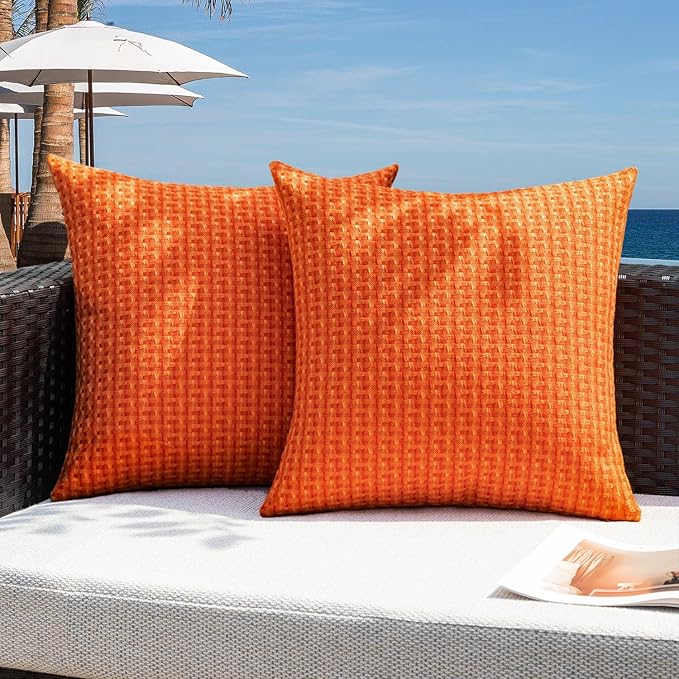 Kevin Textile Fall Outdoor Waterproof Throw Pillow Covers Pack of 2 Farmhouse Decorative Cushion Covers for Garden Patio Tent Balcony Bench Couch Sofa 22x22 Inch, Orange