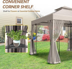 COOS BAY 10x10 Outdoor Patio Gazebo with Netting and Corner Shelves, Two-Tier Soft Top Canopy for Backyard, Lawn, Deck and Garden, Beige