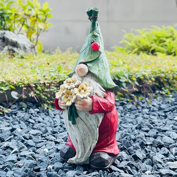 COWOS Garden Gnome Statue Outdoor Decor, Solar Garden Gnome Figurine Light, Resin Statues Sculpture for Patio Yard Lawn Outdoor Decorations