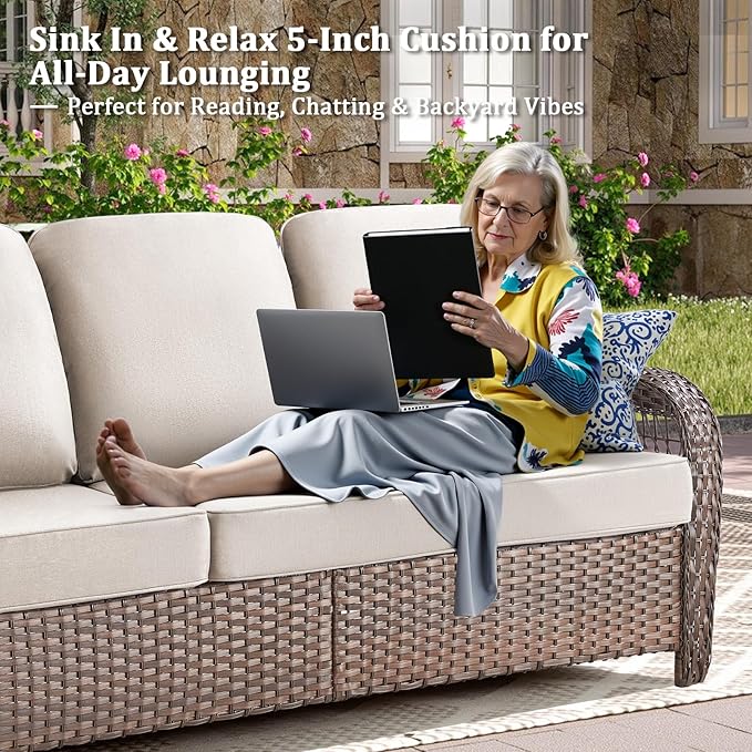 6 Pieces Patio Furniture Set Outdoor Sectional Sofa Couch with Rocking Swivel Chairs 5" Deep Seat Chairs, Modern Wicker Rattan Conversation Set, Beige/Brown Wicker