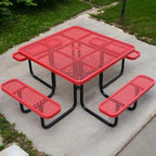 46Inch Square Picnic Table for 8 Person, Outdoor Heavy Duty Sturdy Picnic Tables with 4 Benches & Umbrella Hole, Commercial Metal Patio Picnic Table for Garden, BBQ, Coffee Store, Party, Porch (Red)