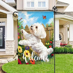 BlissYard Welcome Spring Summer Flowers Maltese Dog Garden Flag Lovely Floral Seasonal Home Decor Banner 12x18 Double Sided Funny Dog Garden Flag Farmhouse Outdoor Yard Decoration Flag