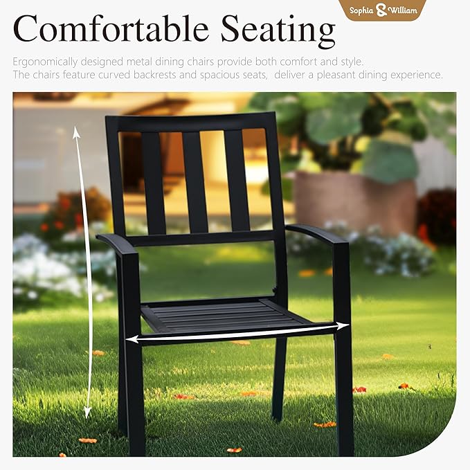 Sophia & William 7-Piece Patio Dining Set for 6, 60.2" Metal Outdoor Table with Umbrella Hole & 6 Stackable Chairs, Heavy-Duty 300LB Capacity - Black - Garden Furniture for Deck, Lawn, Backyard