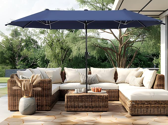 PHI VILLA 13ft Outdoor Market Umbrella Double-Sided Twin Large Patio Umbrella with Crank, Navy Blue
