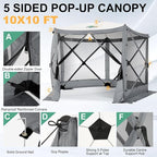 COBIZI 10x10ft Pop up Gazebo Screen House Tent for Camping, Pop-up Camping Canopy with Sidewalls,Portable Outdoor Quick-Set Hub Tent with Carrying Bag&Ground Stakes,Gray(Upgraded 2.0)