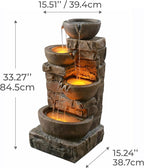 Teamson Home 33.27" Outdoor Freestanding Water Fountain with LED Lights, Cascading Bowls & Stacked Stones, Floor Fountain for Patio, Garden, Balcony, Lawn, Yard Decor, Brown Polyresin