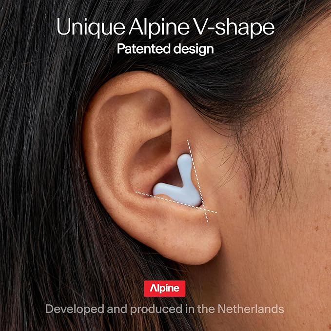 Alpine Silence Earplugs for Sleep, Focus & Travel - V-Shape Snug Fit & Soft Oval Tips – 4 Sizes XS/S/M/L - Comfortable, Reusable Hearing Protection - 22dB – Blue