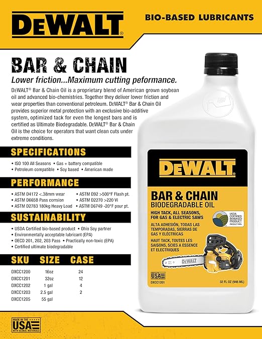 DEWALT – Biodegradable Bar & Chain Oil – Green, Eco-Friendly, Non-Toxic Professional Bar & Chainsaw Lubricant – Ultraclean All-Season Oil for Gas, Electric Saw, and Pole Saw, 16 oz