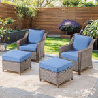 Outdoor Wicker Chair Patio Chairs-Rattan Wicker Chairs with Ottomans Patio Conversation Sets for Porch Garden Balcony Backyard Poolside-Brown/Blue