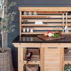 Backyard Discovery 48" Cedar Wood Buffet Hutch Serving Station with Galvanized Steel Countertop, Wine Rack, Wine Glass Rack, Trash Bin, Modular Shelves, Towel Bar, Drink and Food Prep, Indoor/Outdoor