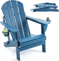 Folding Adirondack Chair, HDPE Outdoor Texture Lawn Chair with Reclining Back, Cup and Phone Holder - Comfortable Firepit Chair Weather Resistant for Patio or Backyard (Blue, Set of 1)