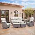 Swivel Patio Chairs sofa Set of 6 - 6" Thick Cushion - Wicker Outdoor Swivel Rocker Patio Chair ,Sofa/Glass coffee table, High Back Comfortable Outdoor Glider Chairs - Brown Wicker | Beige Cushions