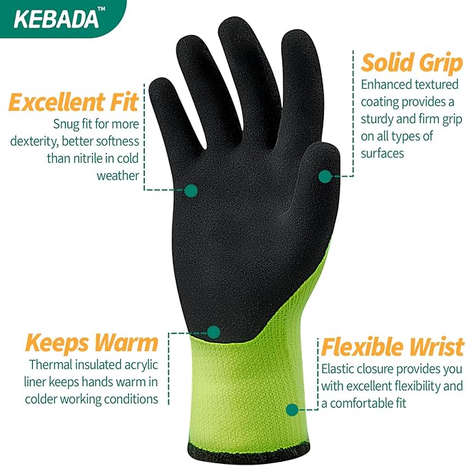Kebada T3 Winter Work Gloves for Men and Women, Warm Knit Cold Weather Work Gloves, Thermal Insulated Freezer Gloves, 100% Latex Coating Non-slip Grip, Long Wrist Design, 3 Pairs, Green, X-Large