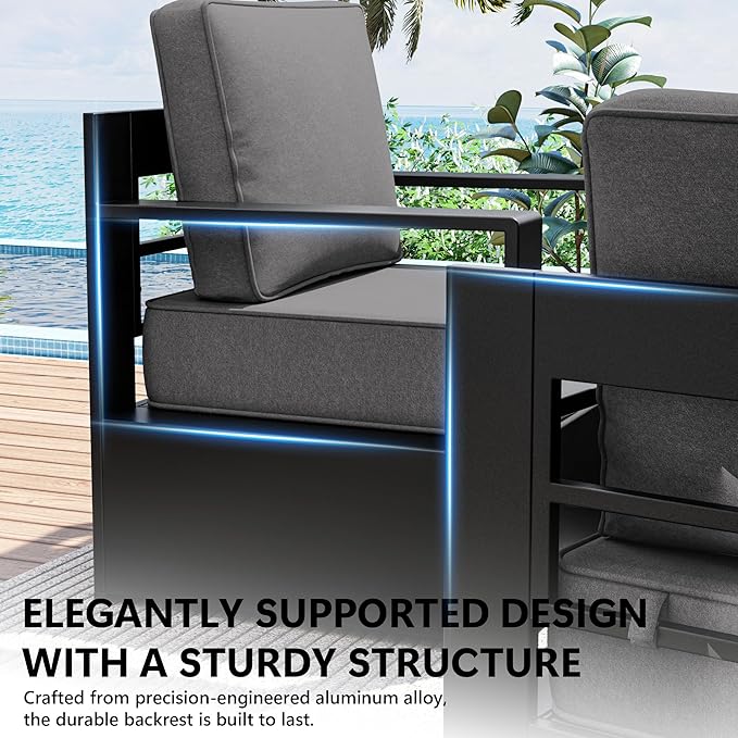 Outdoor Patio Furniture Set, 3-Piece Aluminum Patio Conversation Set All-Weather Metal Outdoor Sectional with 6 Inch Thick Cushions, Deep Setting for Garden, Outside and Porch