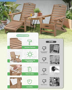 Folding Adirondack Chairs Set of 4,Adirondack Chair with Retractable Ottoman,Plastic Adirondack Chairs with 2 Cup Holder,Weather Resistant Patio Chair,Outdoor Chairs Set of 4(Teak)