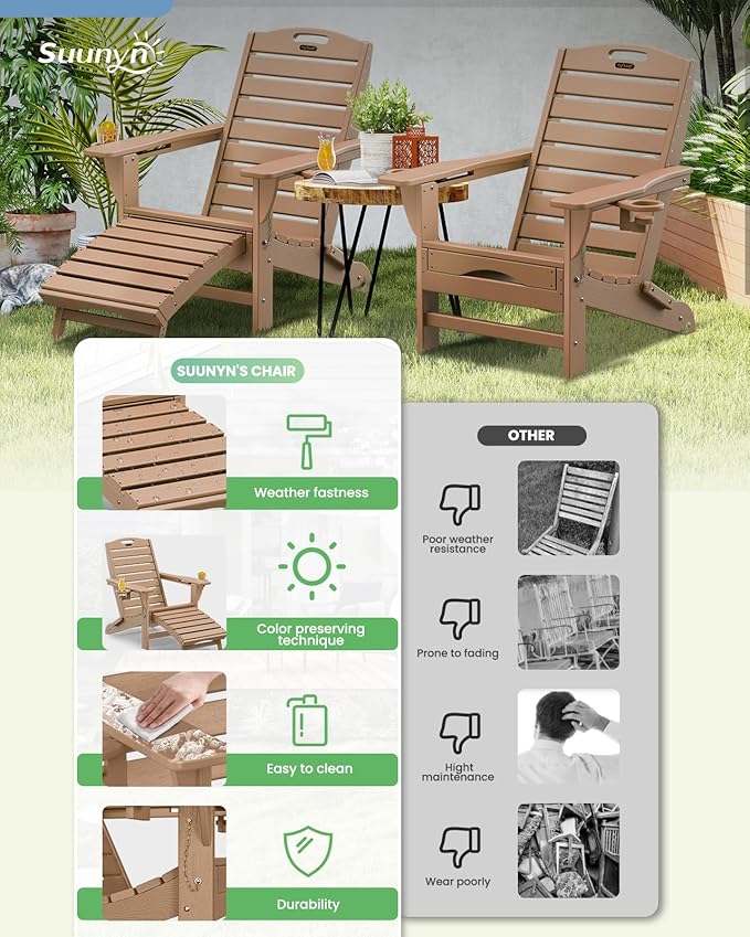 Folding Adirondack Chairs Set of 2,Adirondack Chair with Retractable Ottoman,Plastic Adirondack Chairs with 2 Cup Holder,Weather Resistant Patio Chair,Outdoor Chairs Set of 2(Teak)