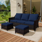 Vista Vibe 3 Pieces Outdoor Patio Conversation Furniture Set - 78" 3-seat Sofa | 2 Wicker Ottomans, Deep Seat Loveseat with Removable Cushions, Hand-Woven PE Rattan Couch, Lawn (Brown/Navy)