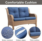 Outdoor Wicker Patio Furniture Set - 6 Piece Rattan Patio Conversation Set with 2 Rocking Swivel Chairs,2 Ottomans,1 Loveseat and 1 Coffee Table for Porch Deck Backyard Garden(Yellow/Blue)
