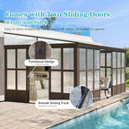 12x16FT Lean to Sunroom, Patio Wall Mounted Solarium All Weather Use, Against The Wall Enclosed Gazebo Small Guest House with Removable Polycarbonate Roof/Windows, 2 Lockable Sliding Doors