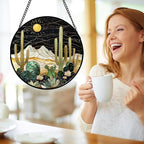 Stained Glass Window Hanging, Black and White Golden Cactus Nature Suncatcher for Doors Window Home Starry Sky Sun Catchers Decor Mother's Day Birthday Gifts for Women, Men Mom 6.3 in