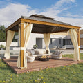 YOLENY 12' x 12' Hardtop Gazebo, Wood Grain Aluminum Frame Canopy with Galvanized Steel Double Roof, Outdoor Patio Gazebo with Netting and Curtains for Backyard, Patio, Lawns