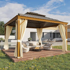 YOLENY 12' x 12' Hardtop Gazebo, Wood Grain Aluminum Frame Canopy with Galvanized Steel Double Roof, Outdoor Patio Gazebo with Netting and Curtains for Backyard, Patio, Lawns