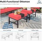 MFSTUDIO 8 Pieces Patio Furniture Sets with 45" Gas Fire Pit Table(Up to 9 Seat), Outdoor Metal Conversation Sofa with 1 x 3-Seat Sofa, 2 Single Chair, 2 Rocking Chair and 2 Ottoman, Burgundy Cushion