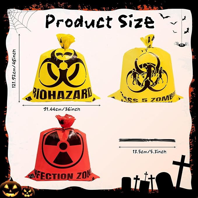 CNhoqc Halloween Lawn Trash Bags - 18Pcs Zombie Warning Reusable Waste Bags with Twist Ties, Fallen Leaf Grass Clipping Trash Container, Heavy-Duty Plastic for Biohazard Parties Outdoor Decorations