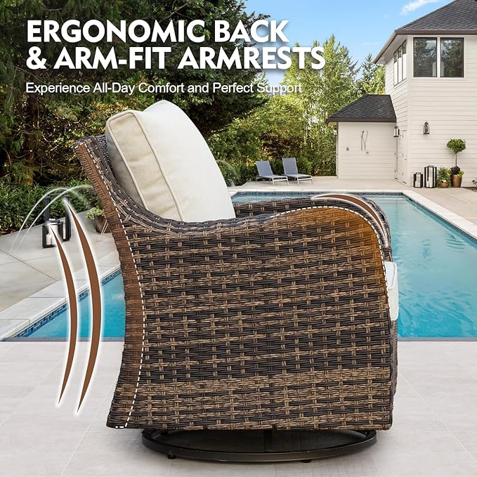 MEISSALIVVE 8 Pieces Patio Furniture Set with 43" Fire Pit Table, Wicker Patio Conversation Set with Swivel Rocking Chairs, Outdoor Patio Set for Lawn Backyard Porch (Brown)
