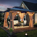 10'x12' Hardtop, Double Roof Gazebo, Aluminum Frame Permanent Pavilion with Netting and Curtains, Outdoor Polycarbonate Gazebo, for Patios, Gardens, Lawns