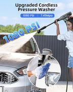 Cordless Pressure Washer 1080PSI Portable High-Pressure for Car Wash Outdoor Cleaning, 6-in-1 Adjustable Nozzle,Battery & Adaptor Included (2X 4Ah)
