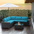 Outdoor Patio Furniture Set, 6 Pieces Outdoor Furniture All Weather Patio Sectional Sofas PE Wicker Modular Conversation Sets with Coffee Table,5 Chairs & Seat Clips Turquoise Blue.