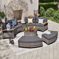 MEISSALIVVE 8 Piece Outdoor Patio Furniture Set, Half-Moon Curved Sectional Set with Wood Armrests, Patio Conversation Set, 2 Half-Moon Ottomans，Coffee & Side Tables (Grey)