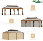 12'x20' Hardtop Gazebo, Outdoor Aluminum Patio Gazebo Double Roof Galvanized Steel Wooden Finish Coated Canopy with Netting and Curtains for Garden, Patio, Backyard, Deck and Lawns.