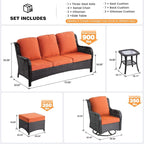 ovios 9 Pieces Patio Furniture Set, Outdoor Wicker Sofa Couch with Swivel Chairs Ottomans Comfy Cushions, High Back All Weather Modern Conversation Sets, Brown Rattan, Orange Red