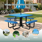 46Inch Square Picnic Table for 8 Person, Outdoor Heavy Duty Sturdy Picnic Tables with 4 Benches & Umbrella Hole, Commercial Metal Patio Picnic Table for Garden, BBQ, Coffee Store, Party, Porch (Blue)