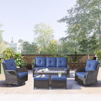 Rilyson 6 Piece Outdoor Patio Furniture Set - Rattan Wicker Patio Conversation Sets with 2 Swivel Rocker Chairs,2 Ottomans,1 Sofa and 1 Coffee Table for Outside Porch Deck Backyard(Brown/Blue)