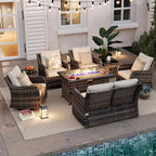 MEISSALIVVE 8 Pieces Patio Furniture Set with 43" Fire Pit Table, Wicker Patio Conversation Set with Swivel Rocking Chairs, Outdoor Patio Set for Lawn Backyard Porch (Brown)