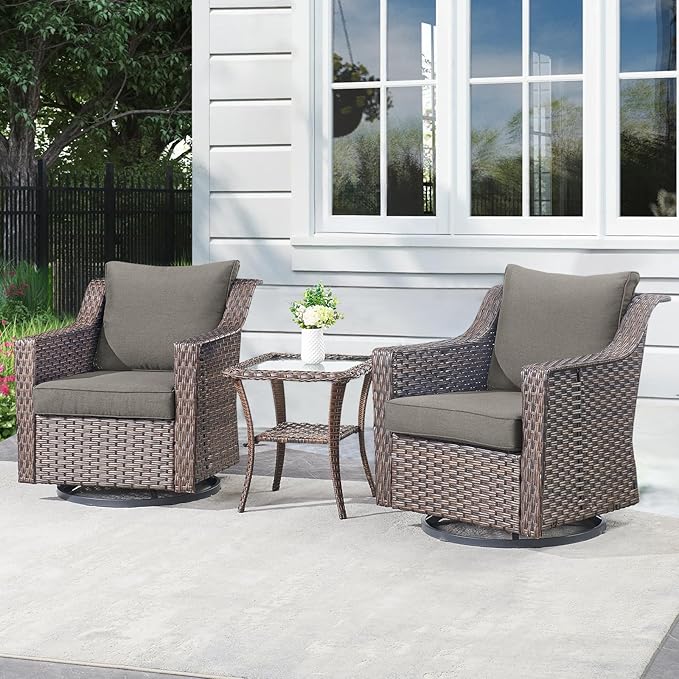 Outdoor Patio Wicker Swivel Chairs - Set of 2 Outside Resin Rattan Rocker Glider Gliding Chair Rocking Armchairs for Front Porch Balcony Backyard Yard Deck Poolside Apartment – Brown/Grey
