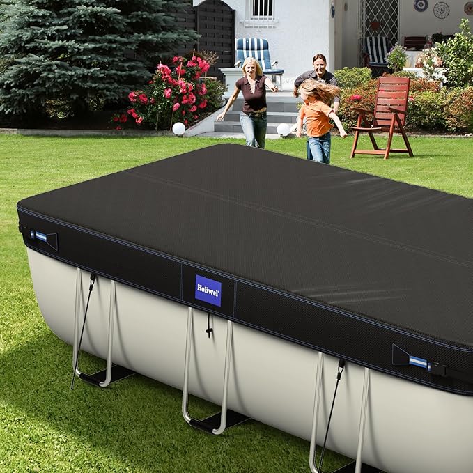 12x18 Ft Rectangular Pool Cover with Reflective Strips for Above Ground Pool, 420D Swimming Pool Cover for Rectangular or Oval Frame Pools, Solar Cover with Drawstring and Ground Nails