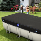 9x18 Ft Rectangular Pool Cover with Reflective Strips for Above Ground Pool, 420D Swimming Pool Cover for Rectangular or Oval Frame Pools, Solar Cover with Drawstring and Ground Nails